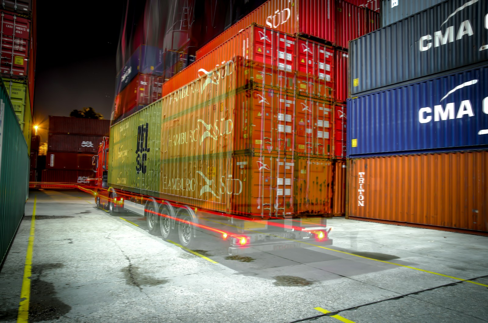 A large cargo ship in the middle of the night